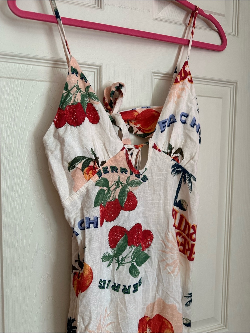Linen Tie Back Fruit-Print Maxi Slip Dress with Spaghetti Straps